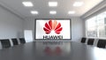 Huawei logo on the screen in a meeting room. Editorial 3D rendering