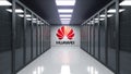 Huawei logo on the wall of the server room. Editorial 3D rendering