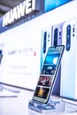 Huawei P30 Pro smartphone, presentation features of P30 Pro with Android at Huawei exhibition pavilion showroom,