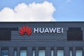 Huawei sign, logo, emblem on the facade of Huawei Poland building Royalty Free Stock Photo