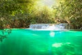 Huay Mae Khamin waterfall in Kanchanaburi, Thailand South east asia Jungle landscape with amazing turquoise water of cascade Royalty Free Stock Photo