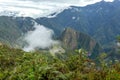 Huayna Picchu, or Wayna Pikchu, mountain in clouds rises over Machu Picchu Inca citadel, lost city of the Incas