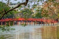 Huc bridge at Hoan Kiem lake, Hanoi, Vietnam Royalty Free Stock Photo