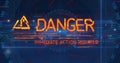 HUD displaying icon with DANGER and IMMEDIATE ACTION REQUIRED on grid with scan line glitches Royalty Free Stock Photo