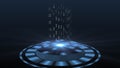 HUD elements in blue color on black background - light beam in cylinder shape in their center with floating binary code Royalty Free Stock Photo