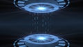 HUD elements in blue on a dark background - light beam in cylinder shape with floating digits of the binary code Royalty Free Stock Photo