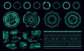 Hud elements. Futuristic green user interface, virtual graphic control panel. Game app vector collection