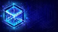 HUD energy box. Smart code. Big data. Digital chip. Glare grid lines. Glow 3D cubes. CPU core. Abstract grid background. Computer