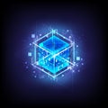 HUD energy box. Smart code. Big data. Digital chip. Glare grid lines. Glow 3D cubes. CPU core. Abstract technology background.