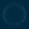 HUD global radar sphere grid and degree indicator dashboard display on blue dark background.