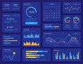 Hud interface. Futuristic ui screen with data display, statistic graphs, menu and calendar. Dashboard info panel and