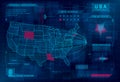 HUD map of the USA. Set of HUD callout design elements. Cyberattack, system under threat, DDoS attack. Cybersecurity