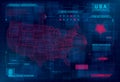 HUD map of the USA. Set of HUD callout design elements. Cyberattack, system under threat, DDoS attack, Error system