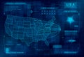 HUD map of the USA. Set of HUD callout design elements. Cybersecurity, information security, big data analytics, safety