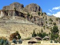 Hudad mountain range outside of Lalibela Ethiopia featuring traditional tukul houses.