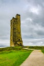Huddersfield, West Yorkshire, England September 20 2107: Victoria Tower Castle Hill Huddersfiled. Stone tower on hill with path Royalty Free Stock Photo