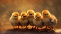 huddle of 5 baby yellow chickens