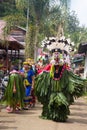 Hudoq dancers from the Bahau Dayak tribe dancing together, in West Kutai, East Kalimantan