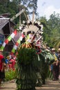 Hudoq dancers from the Bahau Dayak tribe dancing together, in West Kutai, East Kalimantan