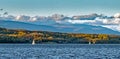 Hudson River blue water with sailboats and Catskill Mountains in Fall Royalty Free Stock Photo