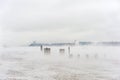 Hudson river in Winter with Misty Edgewater Cityscape in Background.