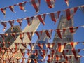 Hudson Yards skyscrapers with red and white flags in good sunny blue sky day. Royalty Free Stock Photo