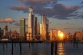 Hudson Yards skyscrapers at Sunset. Manhattan Midtown West cityscape from across the Hudson River, New York City, NY, USA