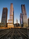 Hudson Yards skyscrapers with the Vessel in the middle in good sunny blue sky day. Royalty Free Stock Photo