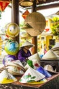 HUE, VIETNAM, April 28th, 2018: Variety of men and women hats, hats making.