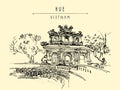 Hue, Vietnam. Imperial Citadel gate. Forbidden City gate, trees, sculptures, moat, bridge, stone walls. Hand drawn postcard Royalty Free Stock Photo