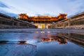 Hue, Vietnam - June 2019: main gate to the purple forbidden imperial city at sunset