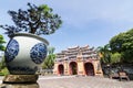 Hue, Vietnam - June 2019: traditional Vietnamese temple inside purple forbidden imperial city complex