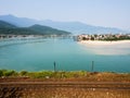 Scenic view of Lap An lagoon and Lang Co beach with railroad running along the shore Royalty Free Stock Photo