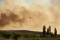 Huelva, Bonares, Spain August 05 2023: Infoca helicopter, Firefighters, prepares the trajectory to pour water on the forest fire