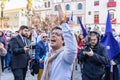 Huelva, Spain - April 15, 2022: A man is singing a saeta in front of the image of the virgin that comes out in procession of