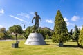 Huelva, Spain - April 24, 2022: Monument in Andalucia avenue of the city, Huelva pays tribute to soccer