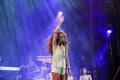 Huelva, Spain - August 6, 2017: Singer Rosario Flores, daughter of Lola Flores, from Spain, during public concert in `Colombinas`