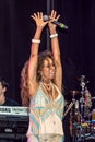 Huelva, Spain - August 6, 2017: Singer Rosario Flores, daughter of Lola Flores, from Spain, during public concert in `Colombinas`