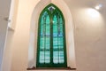 Huelva, Spain - December 18, 2021: Detail of window of Anglican Church of Bella Vista used by the staff of the Rio Tinto Company Royalty Free Stock Photo