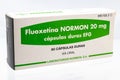 Huelva, Spain - January 21, 2021: Spanish Box of Fluoxetine NORMON 20mg. Fluoxetine is a type of antidepressant known as an SSRI Royalty Free Stock Photo