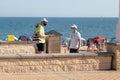 Huelva, Spain - July 4, 2020: Beach safety guard of Junta de Andalucia is controlling the access to Islantilla beach for
