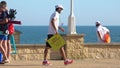 Huelva, Spain - July 4, 2020: Beach safety guard of Junta de Andalucia with a signal of Beach Closed in Islantilla beach