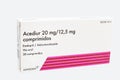 Huelva, Spain - July 23, 2020: Box of a combination of Enalapril Maleate and Hydrochlorothiazide, brand Acediur. Treatment of