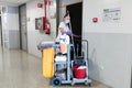 Huelva, Spain - June 16, 2020: Cleaning service inside the hospital Juan Ramon Jimenez in Huelva, Spain