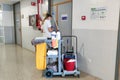 Huelva, Spain - June 16, 2020: Cleaning service inside the hospital Juan Ramon Jimenez in Huelva, Spain