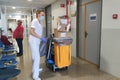 Huelva, Spain - June 16, 2020: Cleaning service inside the hospital Juan Ramon Jimenez in Huelva, Spain