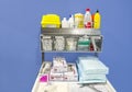 Huelva, Spain - June 6, 2020: Medical supply and medical instrument stuff on a trolley in  in the corridor of a hospital Royalty Free Stock Photo