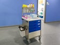 Huelva, Spain - June 6, 2020: Medical supply and medical instrument stuff on a trolley in in the corridor of a hospital