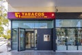 Huelva, Spain - March 10, 2022: Exterior of a Tobacco store with the Sign of a Spanish public tobacconist