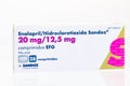 Huelva, Spain - May 07, 2022: Box of a combination of Enalapril Maleate and Hydrochlorothiazide, Treatment of essential